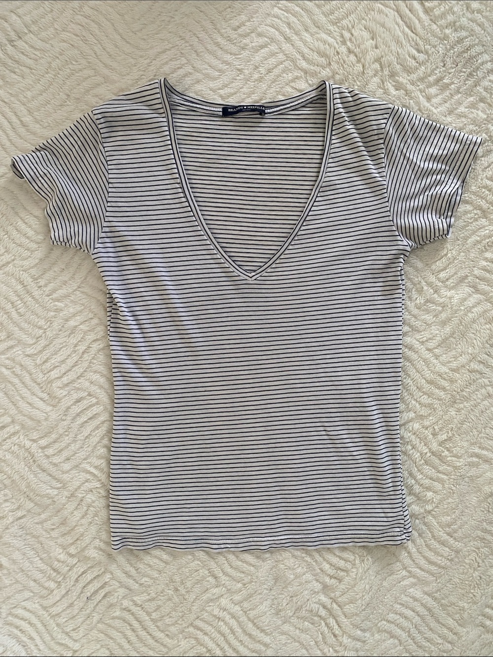 Brandy Melville Black & White Striped V-Neck Tee